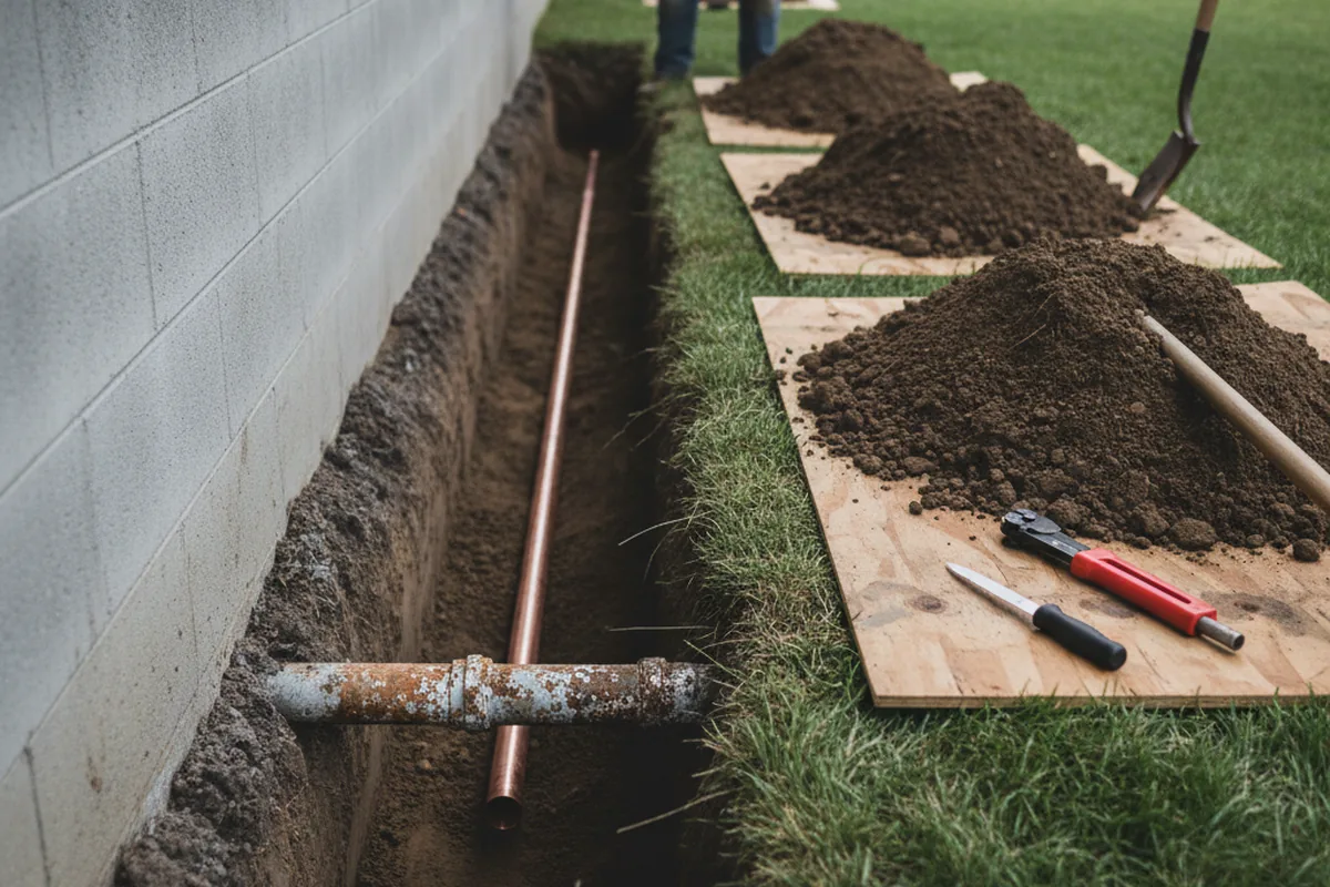 Excavated water line trench during Water Softener Installation in Tieton